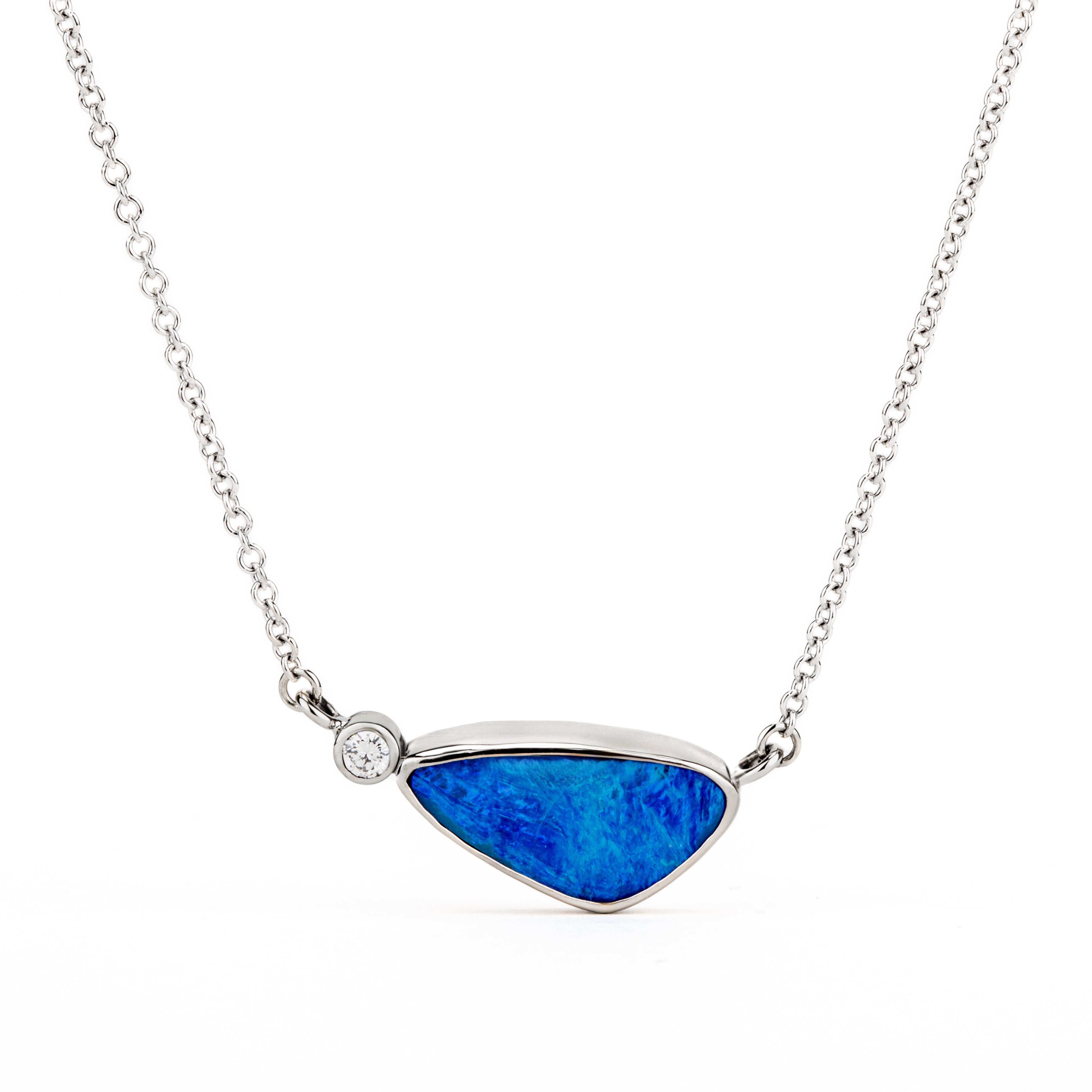 One-of-a-kind 18k and 14k white gold necklace with horizontally set 2.83ct blue opal doublet and bezel-set diamond accent on split cable chain