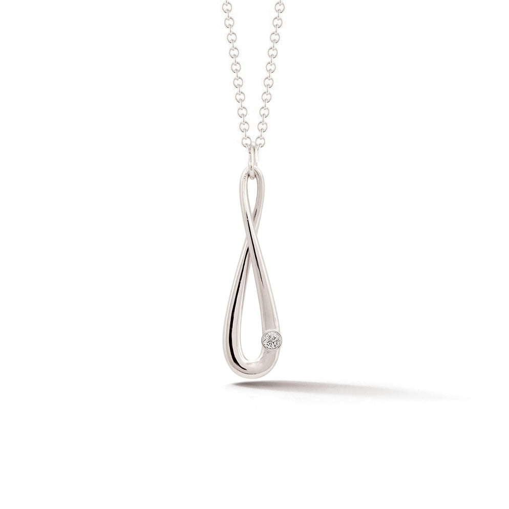 14k white gold infinity pendant with diamond on chain, elegant elongated teardrop