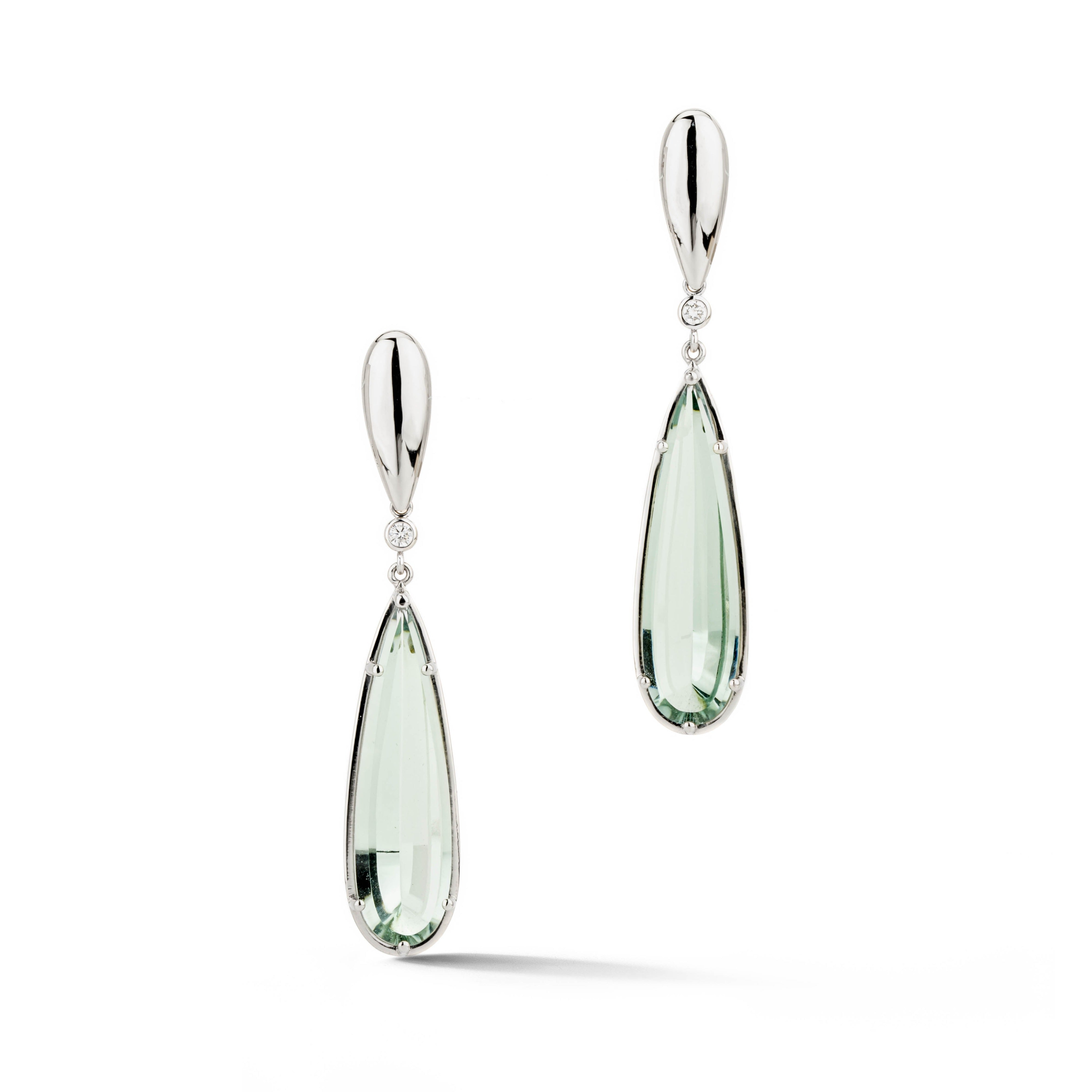  14k white gold drop earrings featuring pear-shape prasiolite green amethyst and round diamond accents