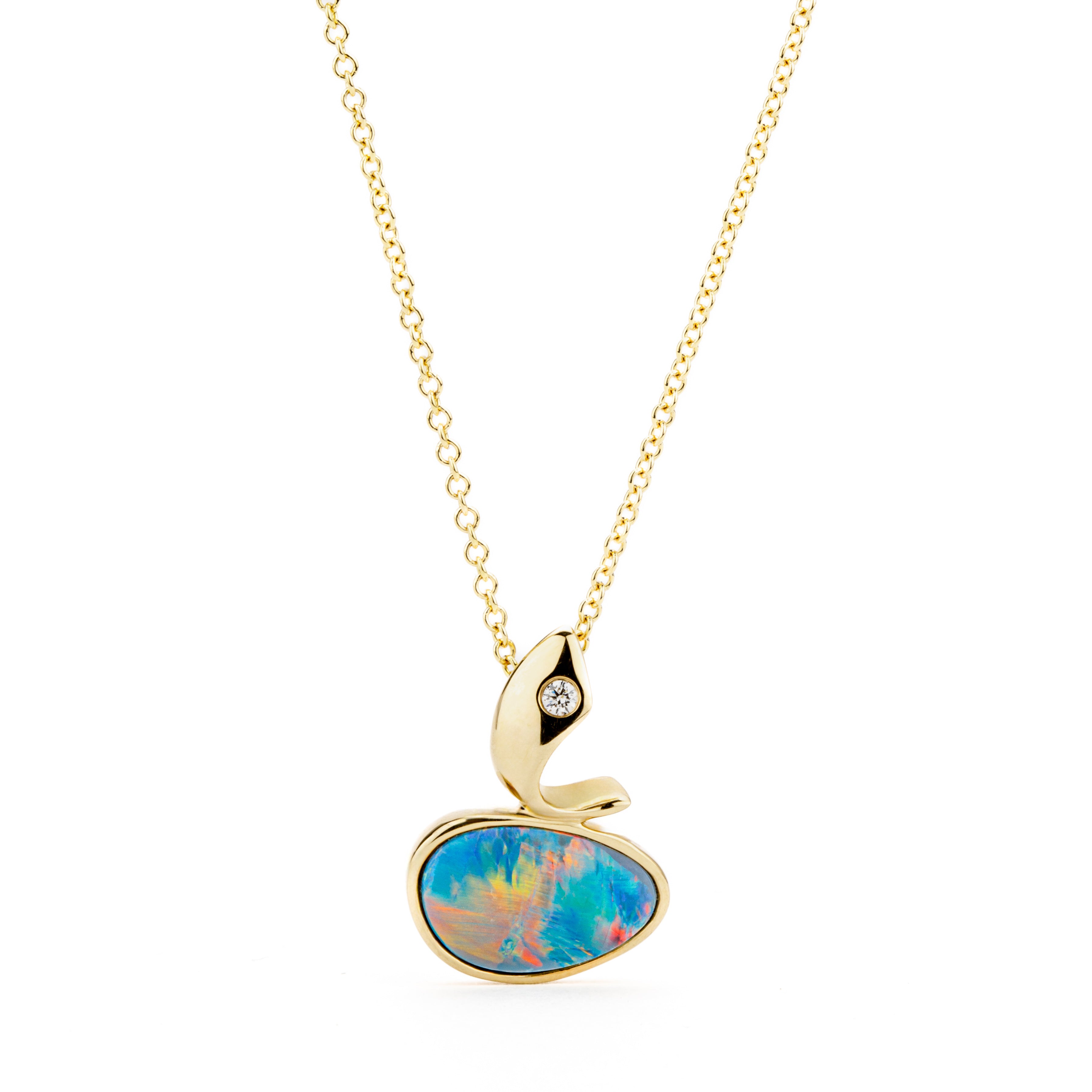 14k yellow gold pendant necklace featuring a vivid freeform opal doublet with sculptural bail and flush-set diamond accent