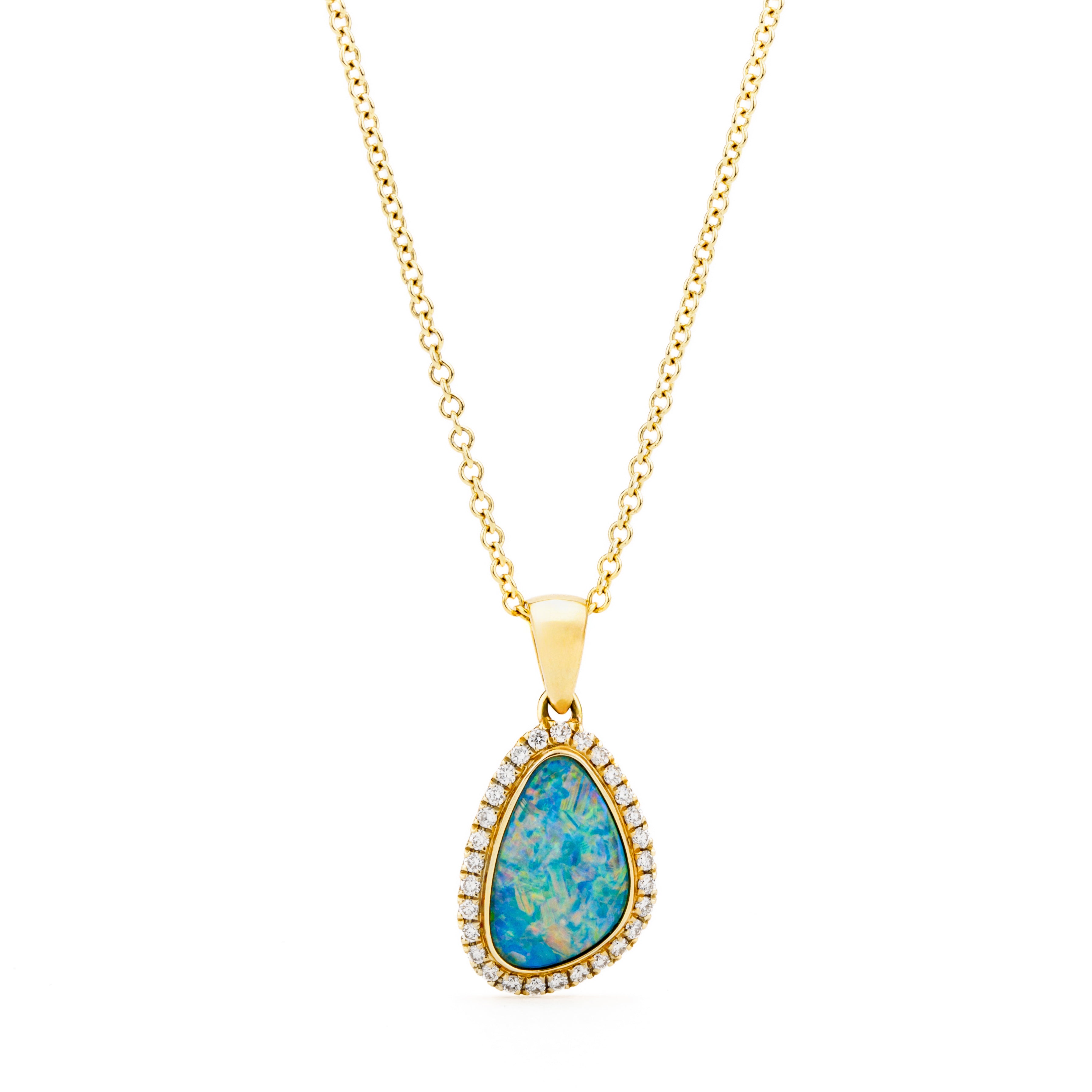  14k yellow gold pendant necklace featuring a freeform opal doublet with pavé diamond halo