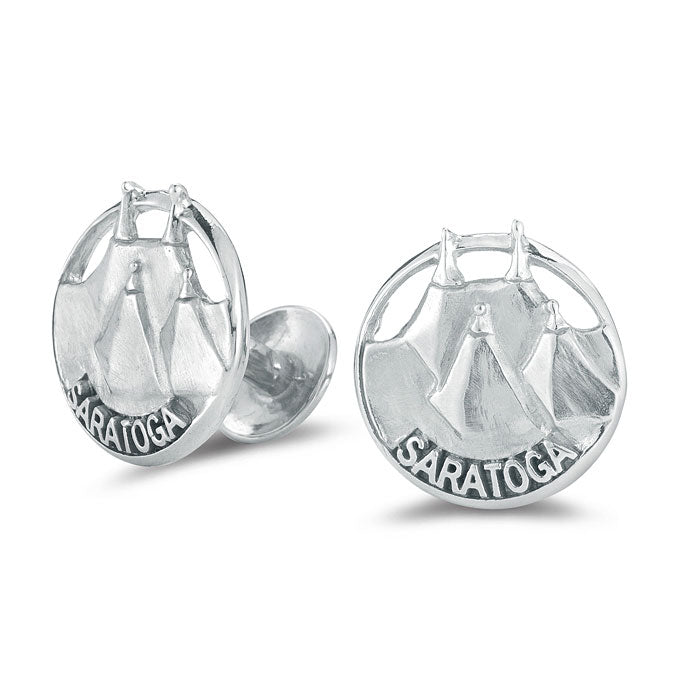 Sterling silver cufflinks featuring the Saratoga Race Course steeples in relief with "Saratoga" text