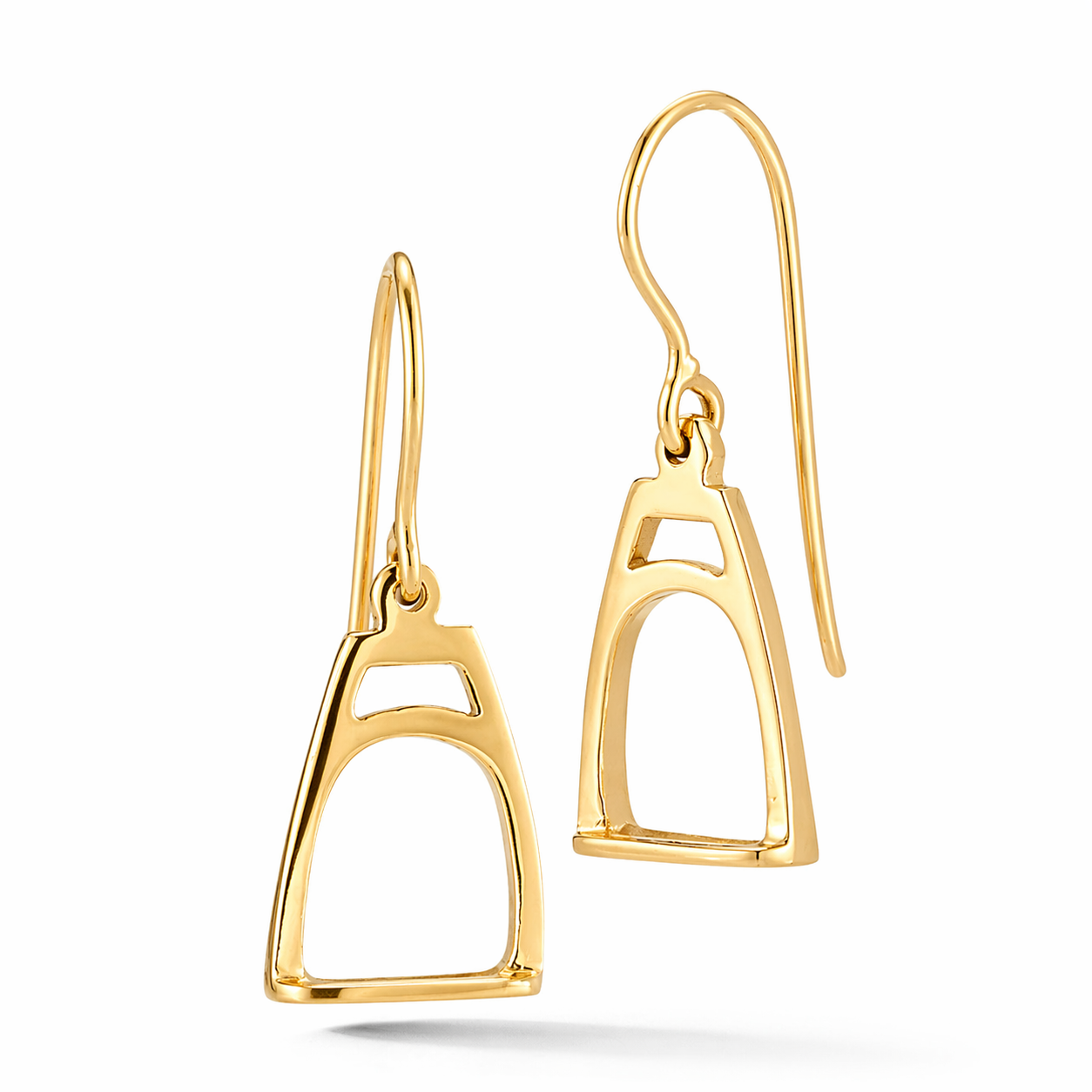 Small 14k yellow gold open stirrup drop earrings on wire hooks